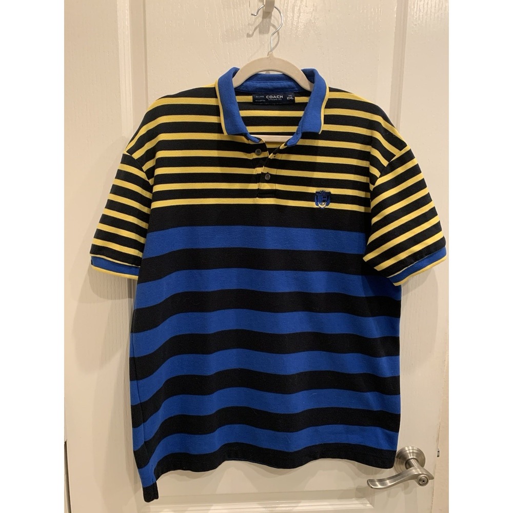 COACH Menswear Stripedā Polo Shirt Dark Blue and Yellow SZ 2XL